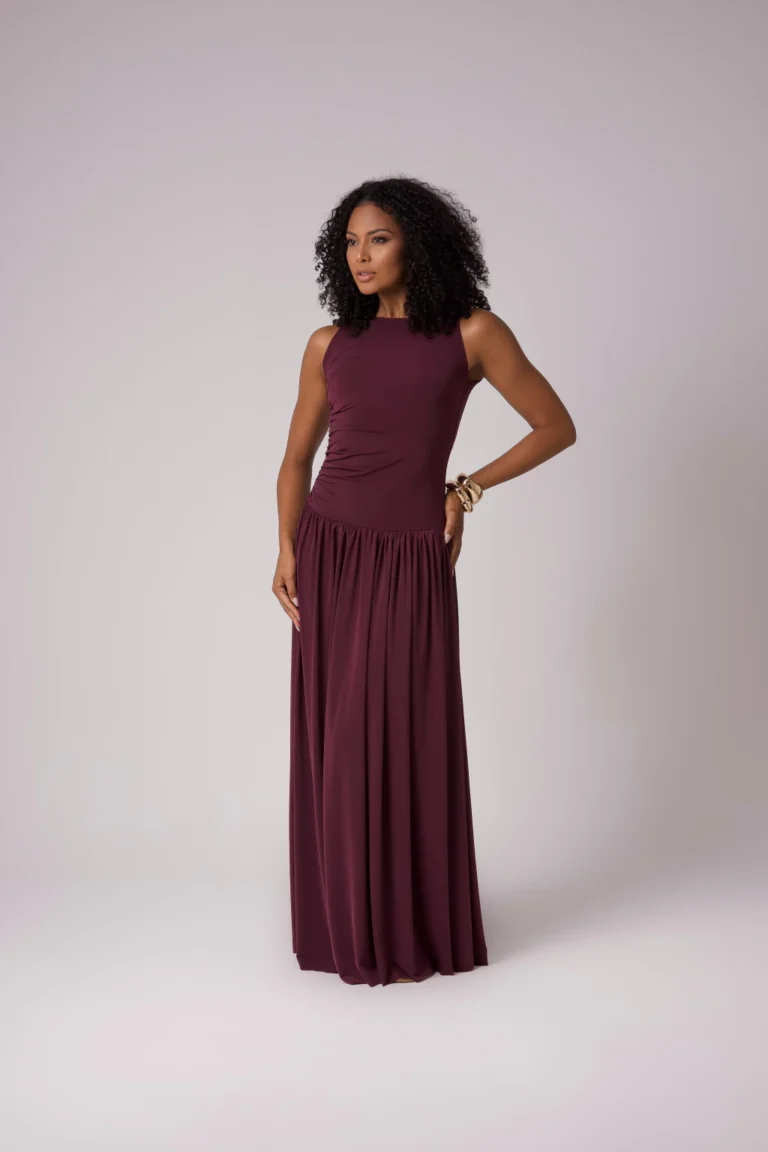 Vestido longo cintura baixa drapeado Aura ameixa