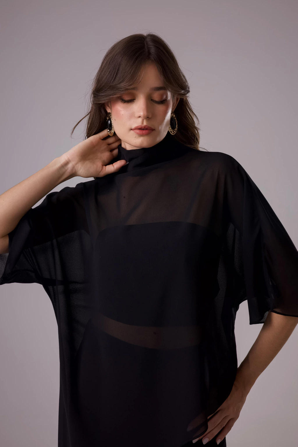 Túnica Assimétrica com Top Ajustável em Lastex Preto Artemis