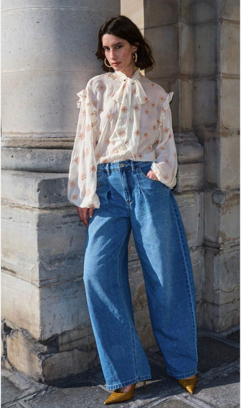 CALCA JEANS BARREL WIDE COM PREGAS