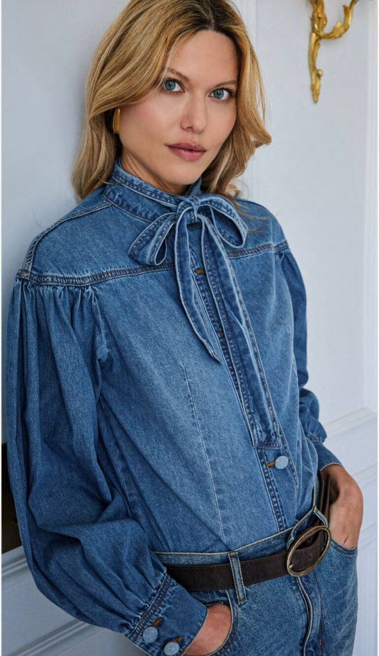 CAMISA JEANS MANGA BUFANTE E FAIXA